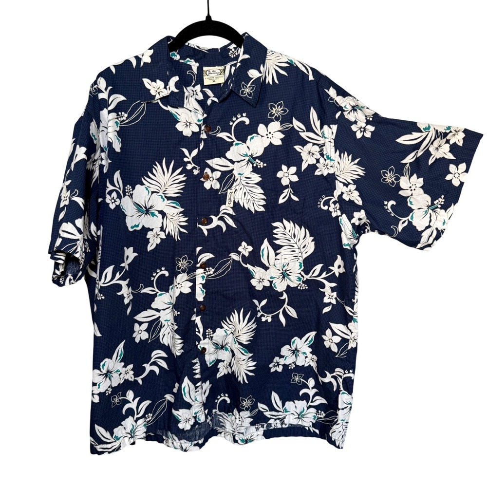 Go‎ Barefoot Hawaiian Shirt Mens XL Navy Blue Floral Cotton Button Down USA Made